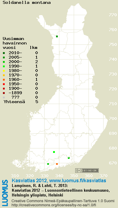 Metsäalppikello, levinneisyys ja yleisyys - Kasviatlas 2012